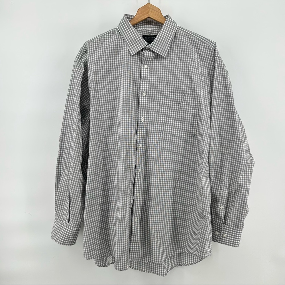 Nordstrom Smartcare‎ Gray White Check Shirt Mens 17.5 34/35 Wrinkle Free Classic